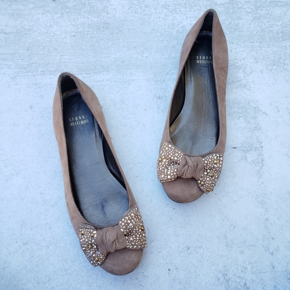 Stuart Weitzman Suede Embellished Bow Ballet Flats Sz 7.5 - Picture 6 of 6